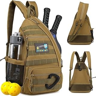 Pickleball Bag, Tactical Pickleball Backpack for Women Men, Adjustable Sling Bag with Fence Hook Water Bottle (Includes 2 Patches+1Carabiner), Brown