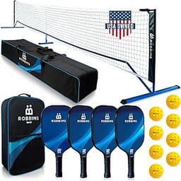 Pickleball Set with Net | 4 USA Pickleball Approved Carbon Fiber Paddles, Portable Regulation Size Net System, 8 Outdoor Balls, Duffle Bag & Carry Bag - ROBBIMS