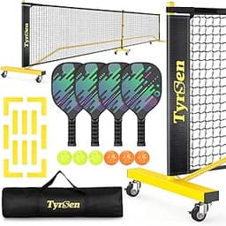 Pickleball Net Set, Pickleball Net on Wheels for Driveway Backyard, 22FT Regular Size, 4 Pickleball Paddles & 6 Balls, 12 Court Markers, 1 Carry Bag, Pickleball Set for Indoor Outdoor Play