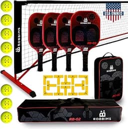 Pickleball Set with Net | 4 USA Pickleball Approved Carbon Fiber Paddles, Portable Regulation Size Net System, 8 Outdoor Balls, Court Marker Kit, Duffle Bag & Carry Bag - ROBBIMS