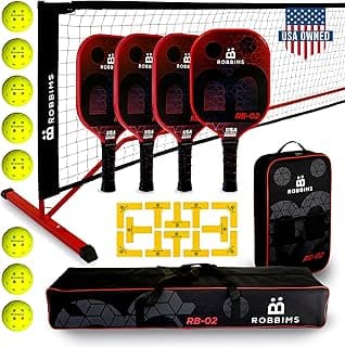 Pickleball Set with Net | 4 USA Pickleball Approved Carbon Fiber Paddles, Portable Regulation Size Net System, 8 Outdoor Balls, Court Marker Kit, Duffle Bag & Carry Bag - ROBBIMS